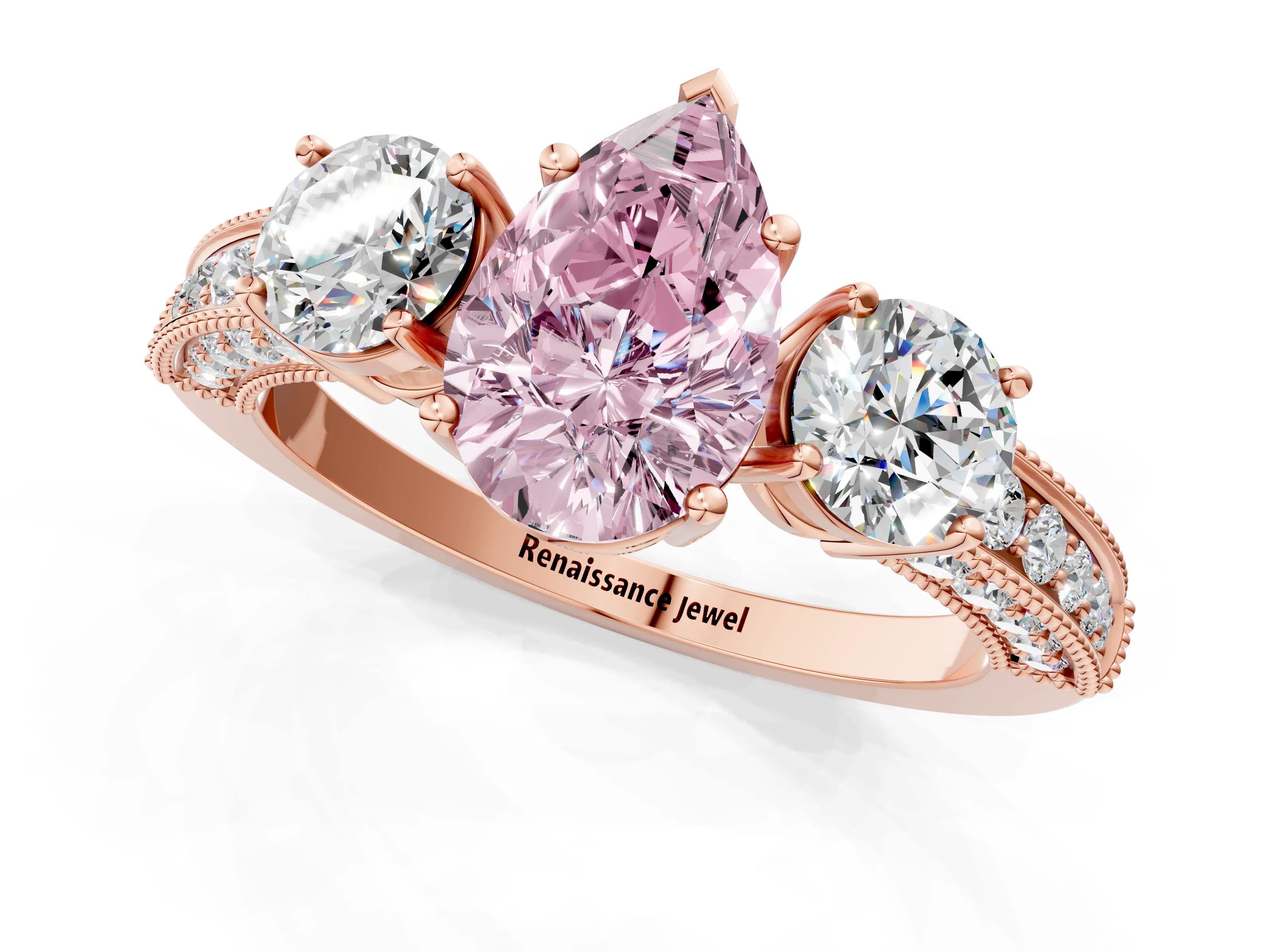 Rose gold Fancy Pink Pear Cut Three-Stone Diamond Ring with Pavé Band and Four-Prong Setting_1