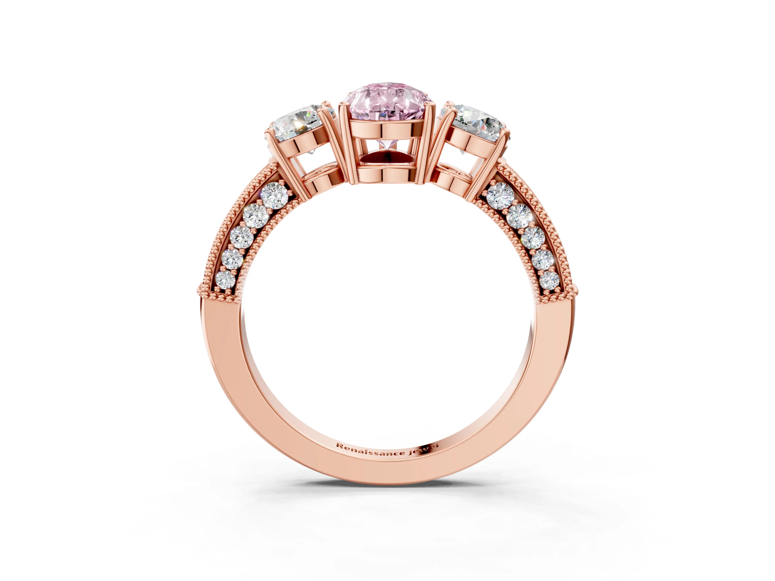 Rose gold Fancy Pink Pear Cut Three-Stone Diamond Ring with Pavé Band and Four-Prong Setting_3