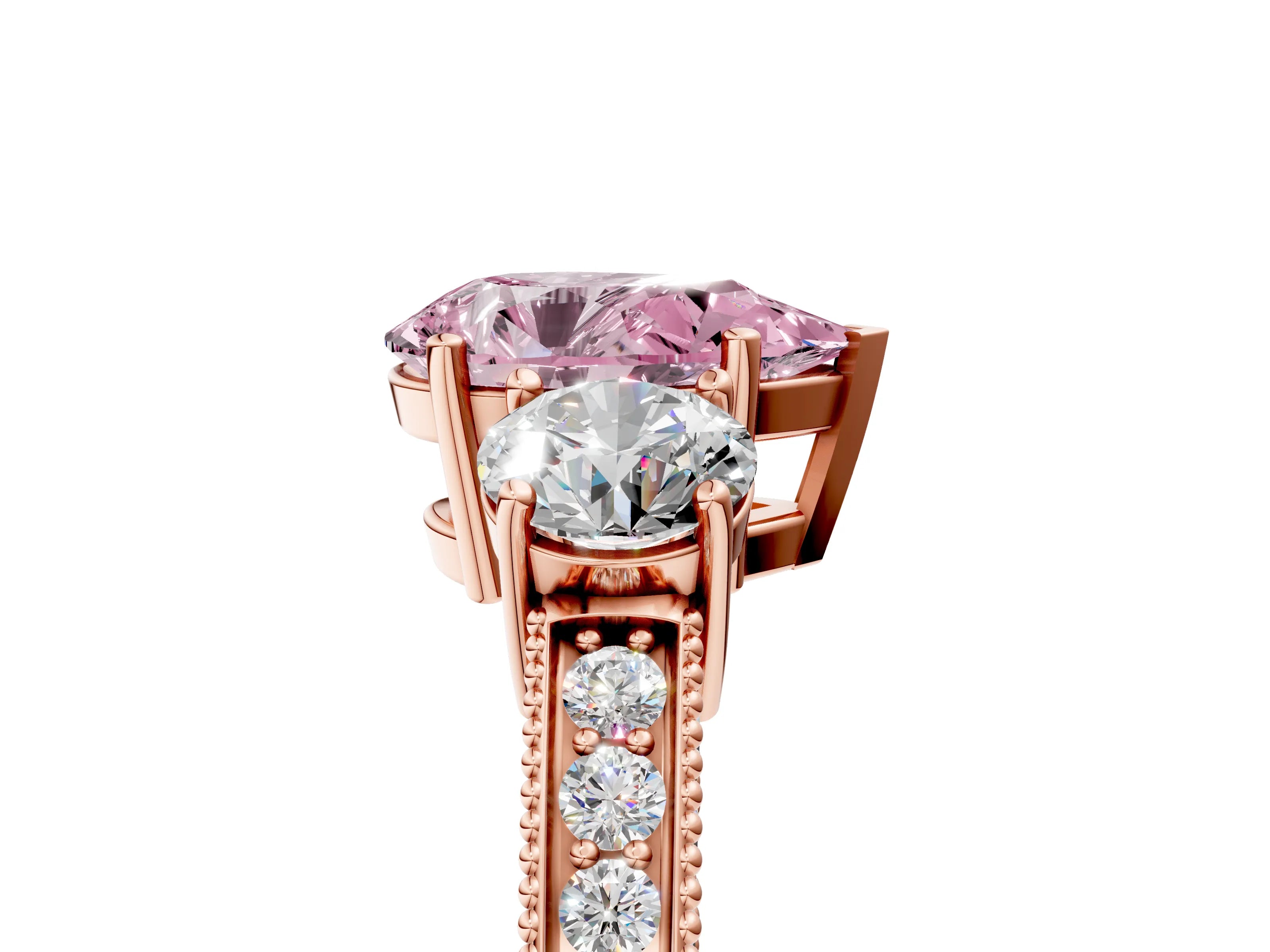 Rose gold Fancy Pink Pear Cut Three-Stone Diamond Ring with Pavé Band and Four-Prong Setting_5
