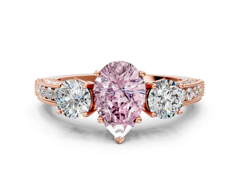 Rose gold Fancy Pink Pear Cut Three-Stone Diamond Ring with Pavé Band and Four-Prong Setting