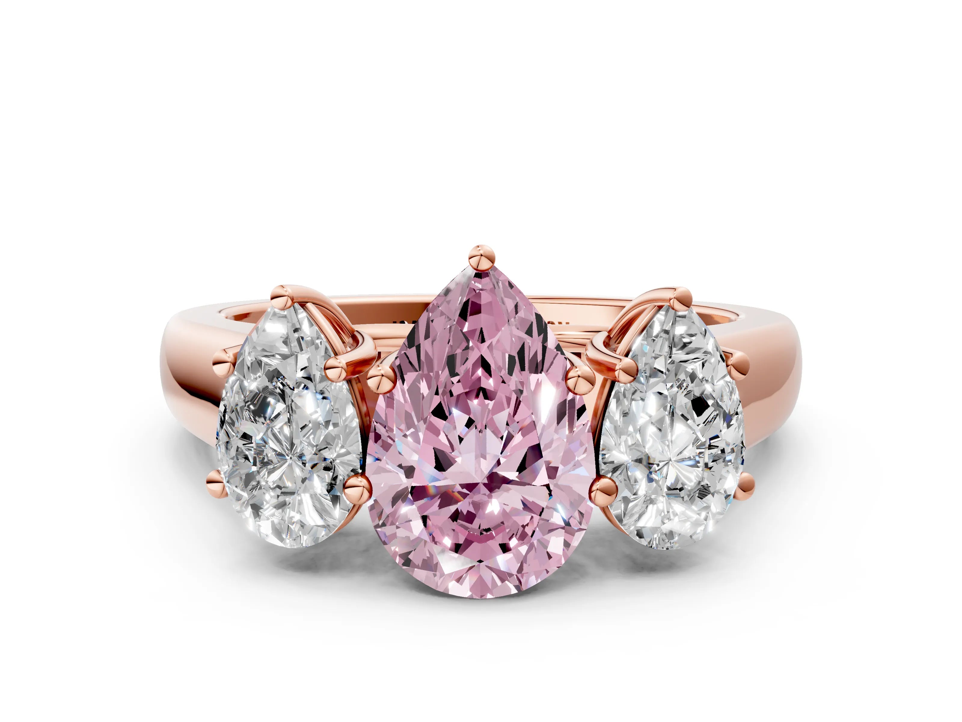 Rose gold Fancy Pink Pear Cut Three-Stone Diamond Ring with Prong Setting on a Classic Band
