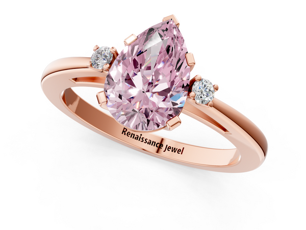 Rose gold Fancy Pink Pear  Cut Three-Stone Solitaire Ring with Round Accent Diamonds and Four-Prong Setting