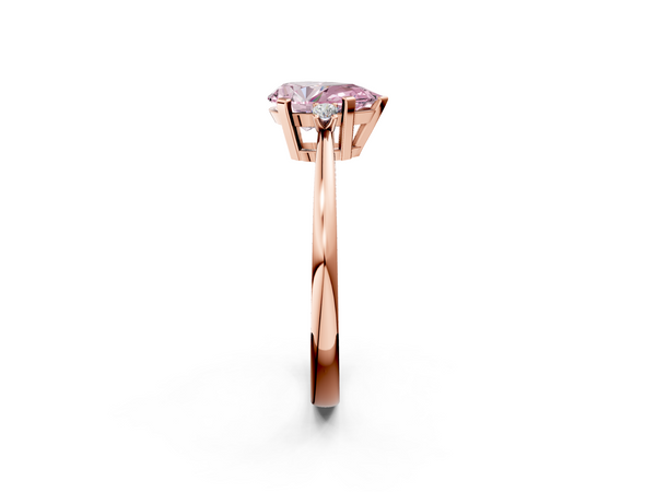 Rose gold Fancy Pink Pear  Cut Three-Stone Solitaire Ring with Round Accent Diamonds and Four-Prong Setting