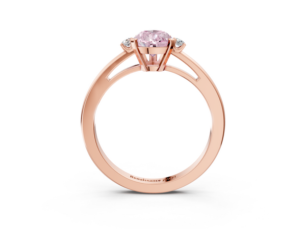 Rose gold Fancy Pink Pear  Cut Three-Stone Solitaire Ring with Round Accent Diamonds and Four-Prong Setting
