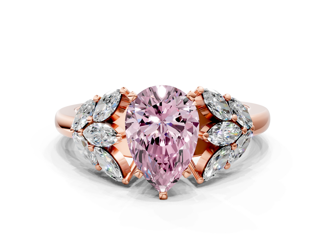 Rose gold Fancy Pink Pear  Diamond Cluster Leaf Design Ring with Prong Setting_54