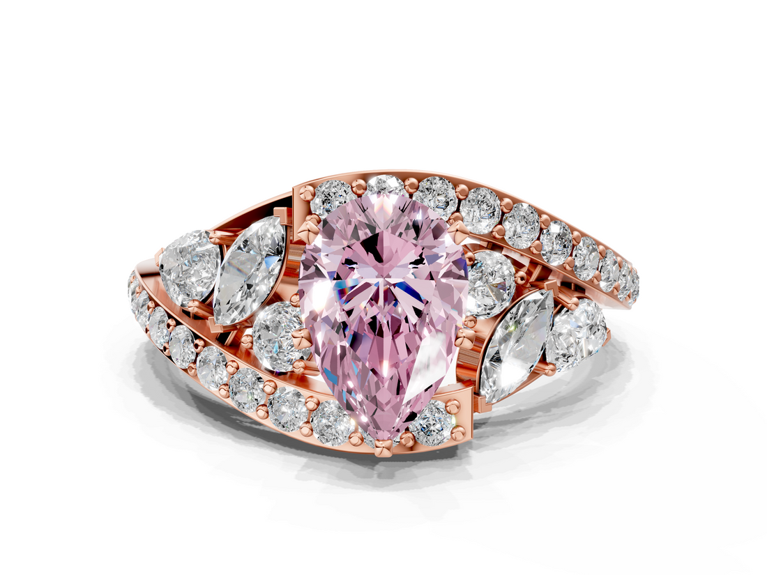 Rose gold Fancy Pink Pear  Diamond Halo Ring with Marquise and Pavé Band in Prong Setting_49