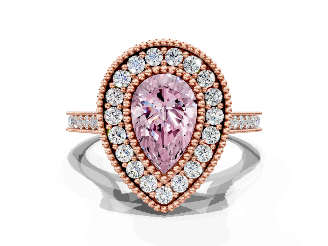 Rose gold Fancy Pink Pear  Diamond Halo Ring with Milgrain Frame and Pavé Band_59