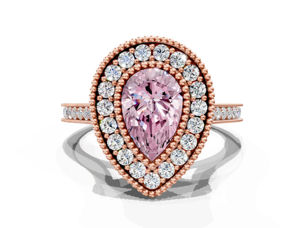 Rose gold Fancy Pink Pear  Diamond Halo Ring with Milgrain Frame and Pavé Band