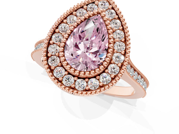 Rose gold Fancy Pink Pear  Diamond Halo Ring with Milgrain Frame and Pavé Band