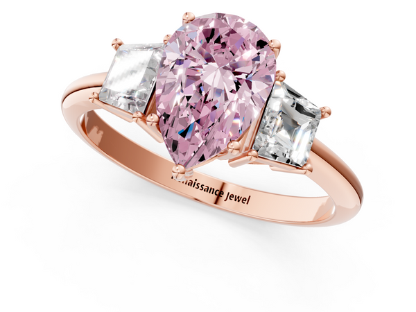 Rose gold Fancy Pink Pear  Diamond Three-Stone Ring with Trapezoid Side Stones and Prong Setting
