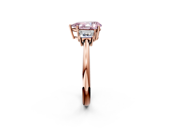 Rose gold Fancy Pink Pear  Diamond Three-Stone Ring with Trapezoid Side Stones and Prong Setting