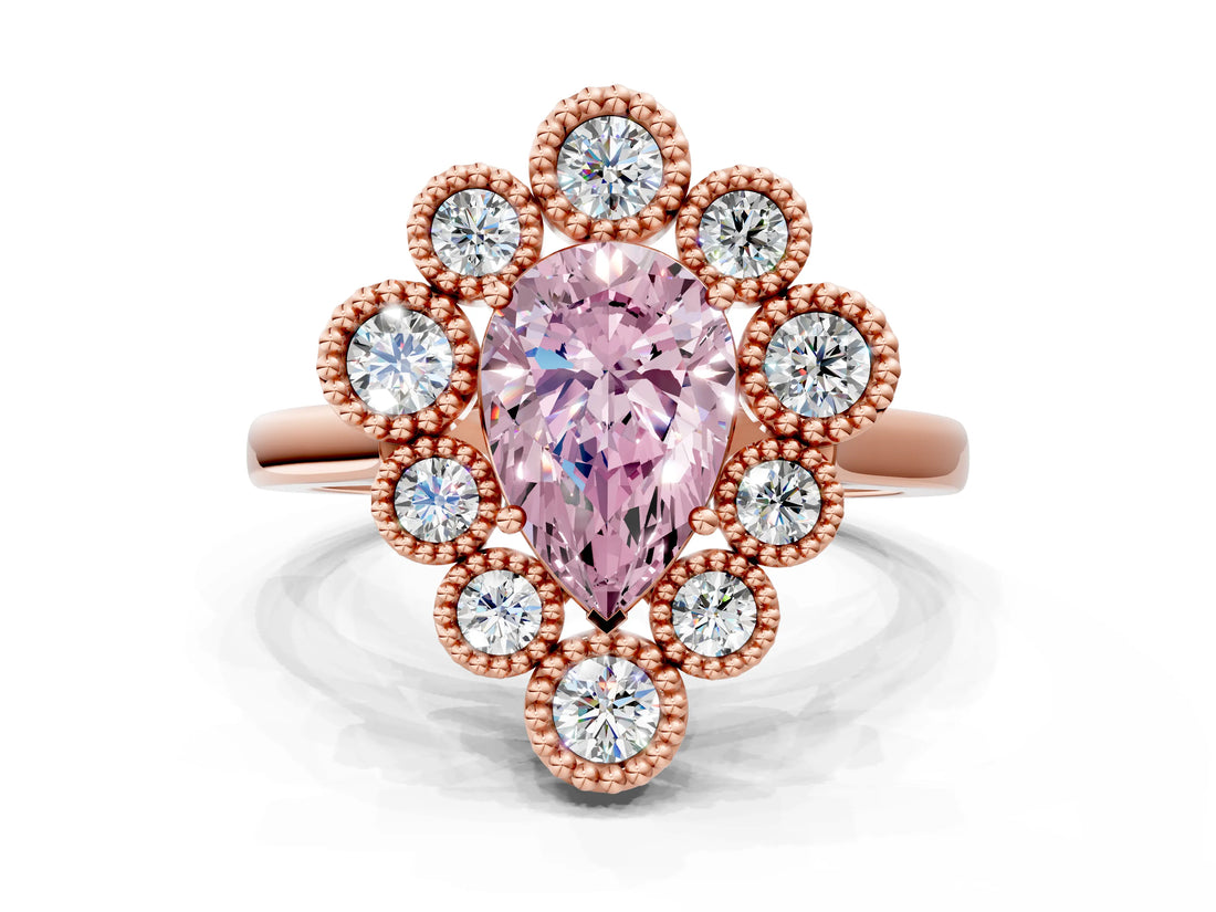 Rose gold Fancy Pink Pear  Halo Diamond Cluster Engagement Ring with Milgrain Bezel Setting and Solitaire Band_75