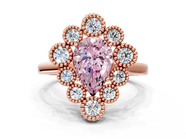 Rose gold Fancy Pink Pear  Halo Diamond Cluster Engagement Ring with Milgrain Bezel Setting and Solitaire Band