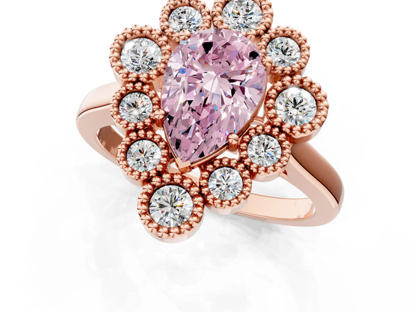 Rose gold Fancy Pink Pear  Halo Diamond Cluster Engagement Ring with Milgrain Bezel Setting and Solitaire Band