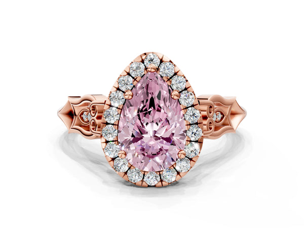 Rose gold Fancy Pink Pear  Halo Diamond Engagement Ring with Filigree Band and Four-Prong Setting