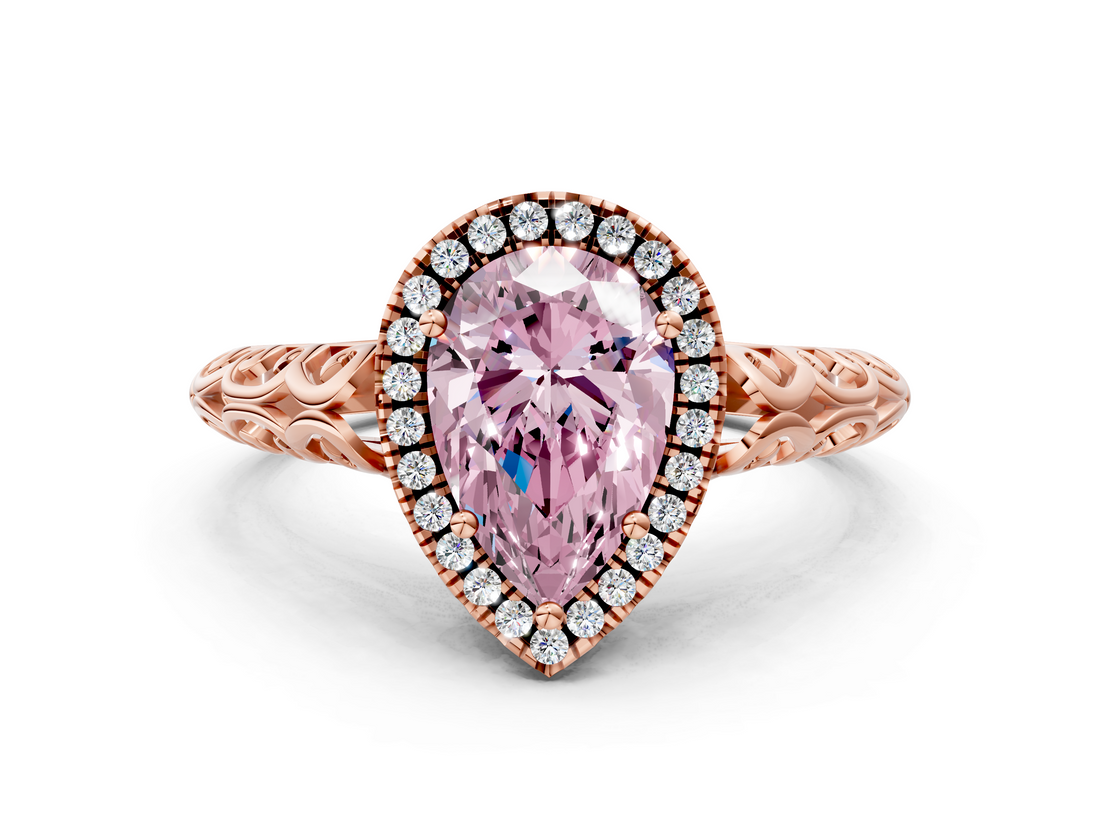 Rose gold Fancy Pink Pear  Halo Diamond Engagement Ring with Intricate Filigree Band and Four-Prong Setting_54