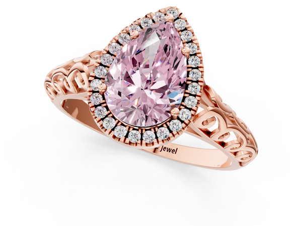 Rose gold Fancy Pink Pear  Halo Diamond Engagement Ring with Intricate Filigree Band and Four-Prong Setting