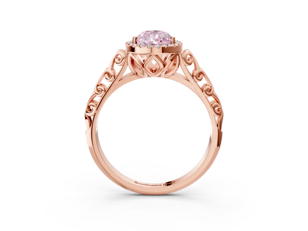 Rose gold Fancy Pink Pear  Halo Diamond Engagement Ring with Intricate Filigree Band and Four-Prong Setting