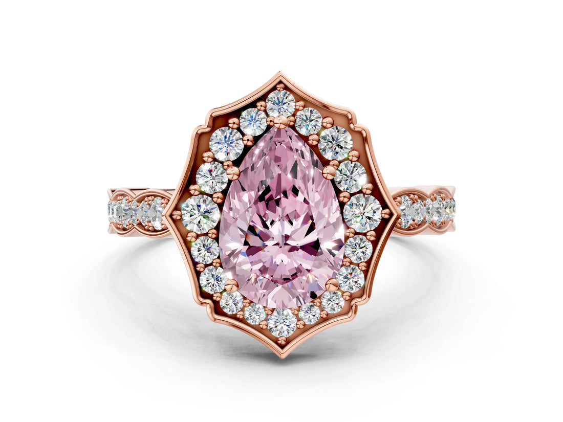 Rose gold Fancy Pink Pear  Halo Diamond Engagement Ring with Milgrain Band and Four-Prong Setting_37