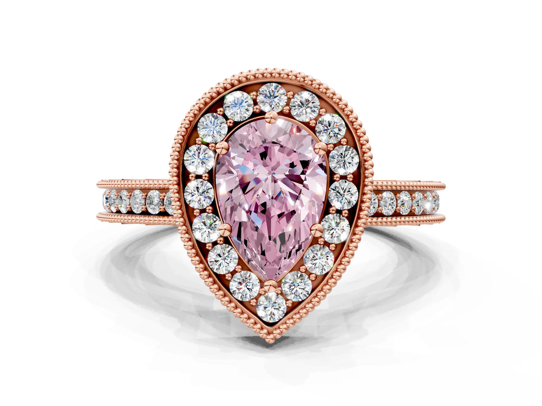 Rose gold Fancy Pink Pear  Halo Diamond Engagement Ring with Milgrain Pave Band and Four-Prong Setting_38