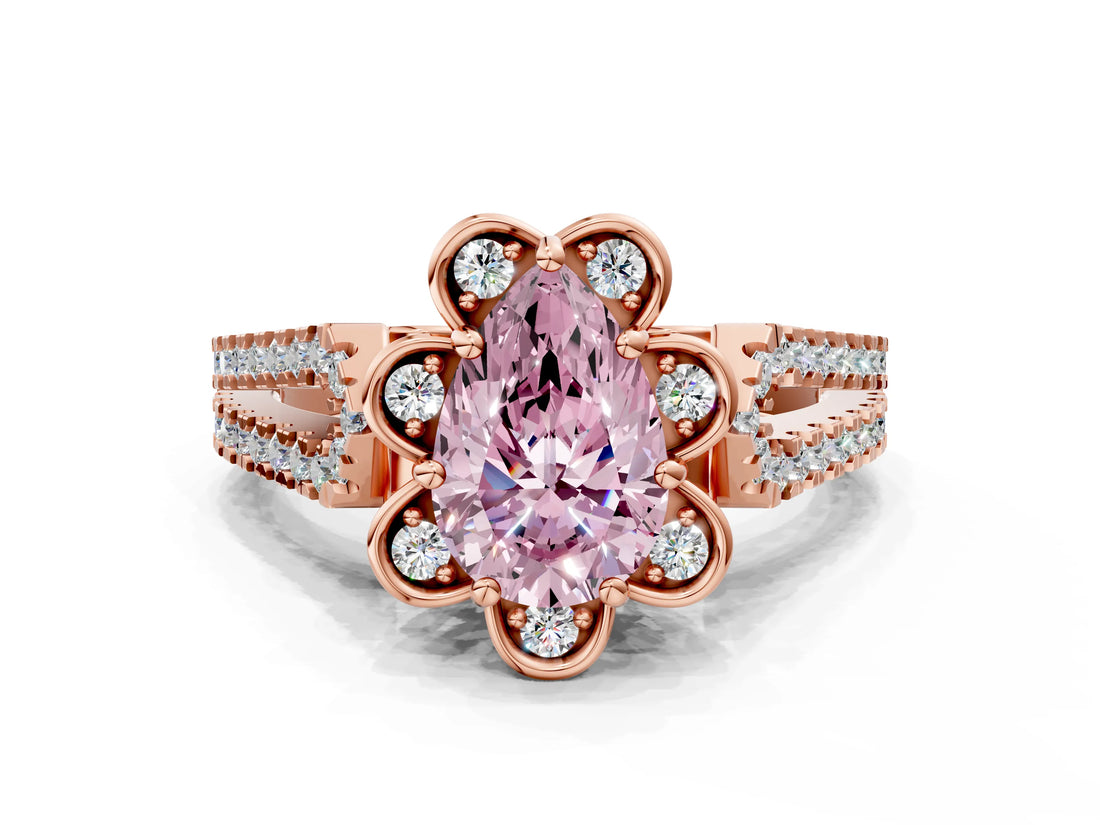 Rose gold Fancy Pink Pear  Halo Diamond Floral Split Shank Engagement Ring 1