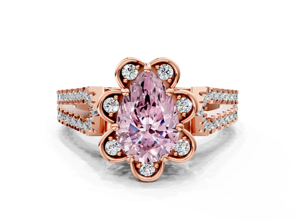 Rose gold Fancy Pink Pear  Halo Diamond Floral Split Shank Engagement Ring