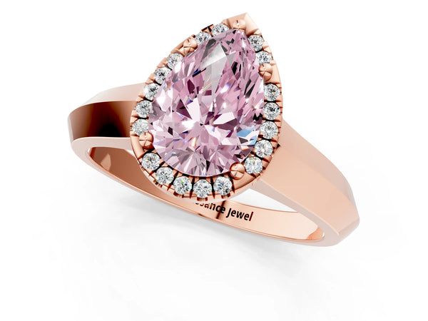 Rose gold Fancy Pink Pear  Halo Diamond Ring with Cathedral Band and Four-Prong Setting