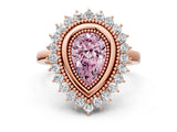 Rose gold Fancy Pink Pear  Halo Diamond Ring with Milgrain Edge and Round Prong Setting_26