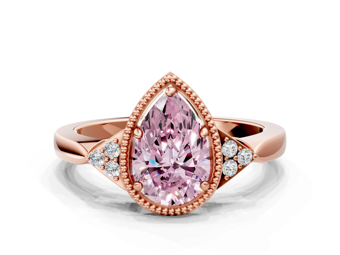 Rose gold Fancy Pink Pear  Halo Diamond Ring with Tapered Band and Four-Prong Setting_3