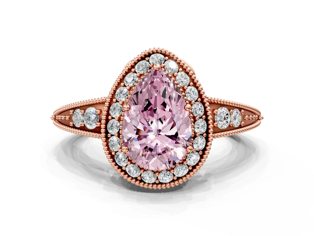 Rose gold Fancy Pink Pear  Halo Diamond Split Shank Ring with Milgrain Detail_48