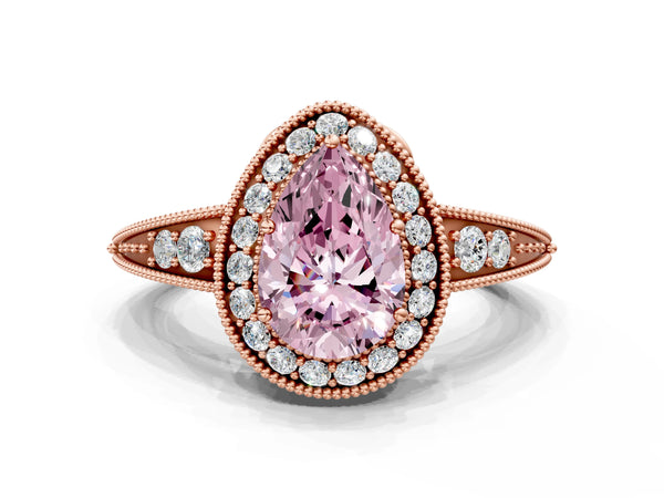 Rose Gold Pear-Shaped Vintage Halo Engagement Ring Setting for Fancy Pink Center with Milgrain