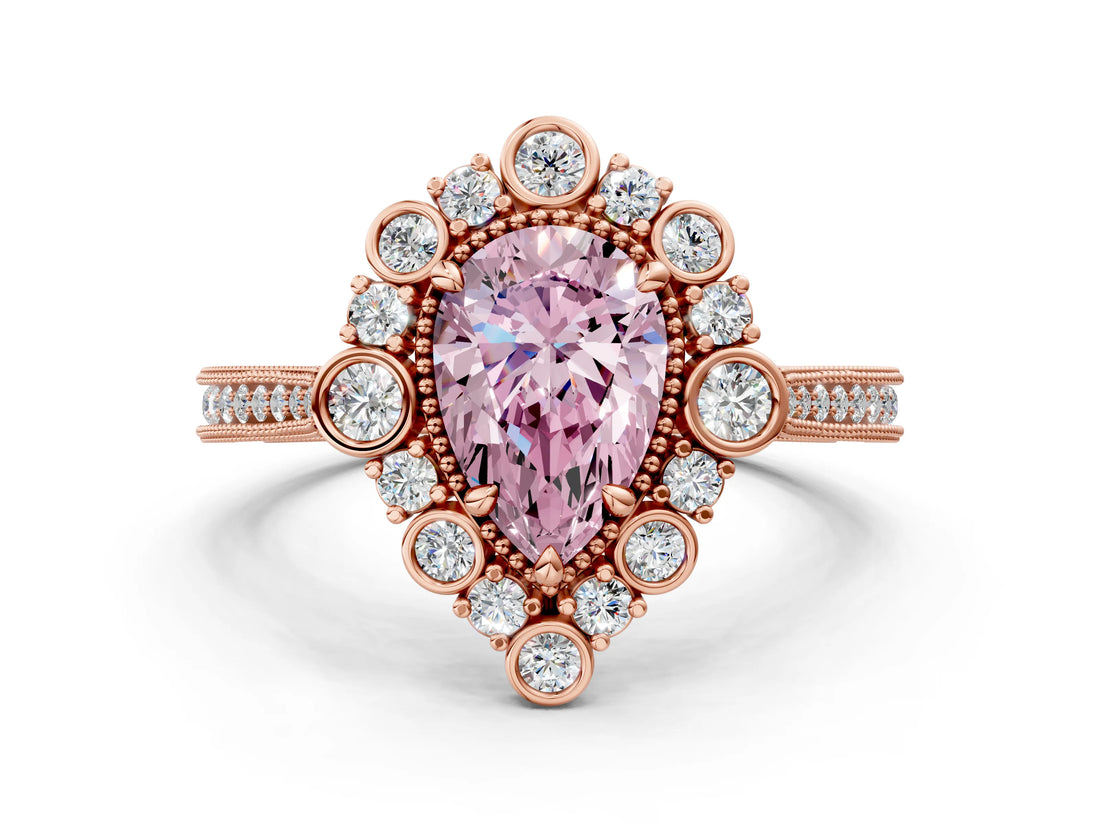 Rose gold Fancy Pink Pear  Halo Milgrain Pave Diamond Ring with Four-Prong Setting 1