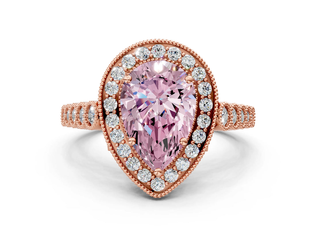 Rose gold Fancy Pink Pear  Halo Milgrain Solitaire with Bezel Set Side Stones and Pave Band_33