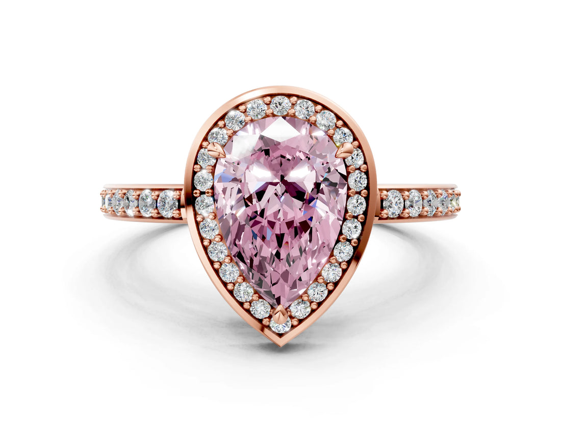Rose gold Fancy Pink Pear  Halo Pave Band Solitaire Ring with Prong Setting_66