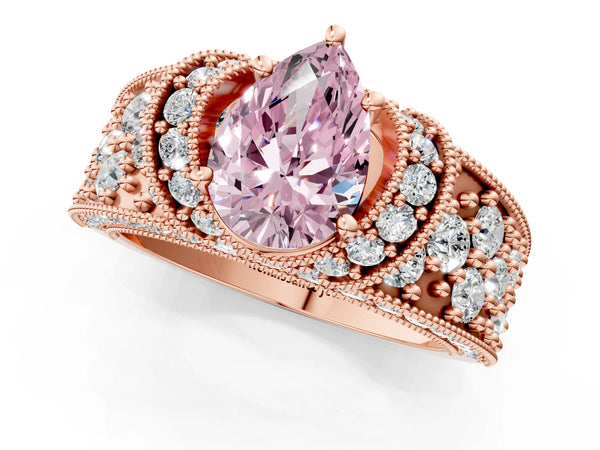 Rose gold Fancy Pink Pear  Halo Pave Diamond Engagement Ring with Milgrain Detailing