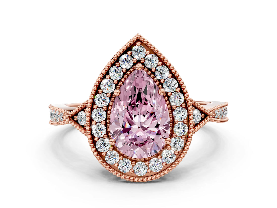 Rose gold Fancy Pink Pear  Halo Round Diamond Milgrain Pave Engagement Ring_3