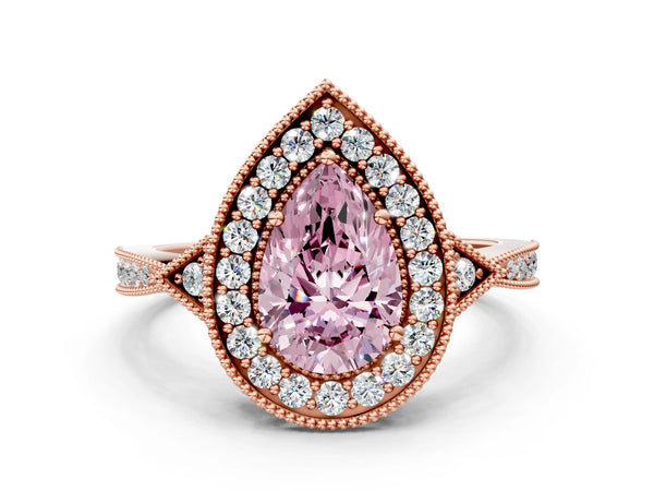 Rose gold Fancy Pink Pear  Halo Round Diamond Milgrain Pave Engagement Ring