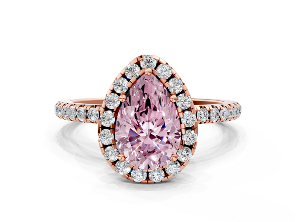 Rose gold Fancy Pink Pear  Halo Round Diamond Pavé Band Four-Prong Ring