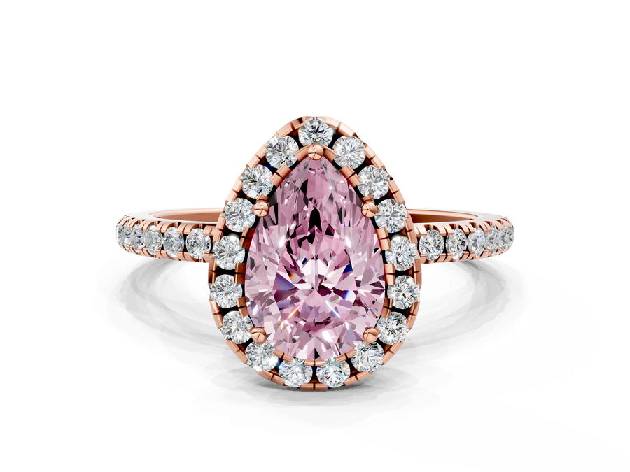 Rose gold Fancy Pink Pear  Halo Round Diamond Pavé Band Four-Prong Ring