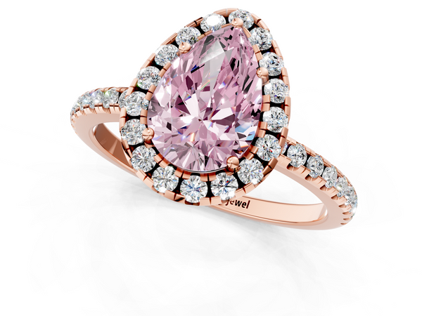 Rose gold Fancy Pink Pear  Halo Round Diamond Pavé Band Four-Prong Ring