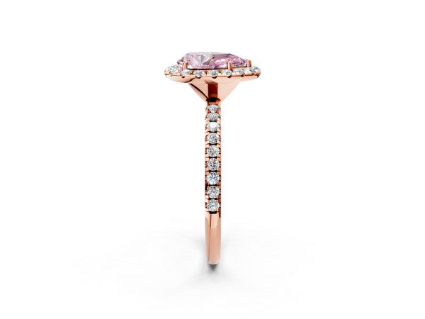 Rose gold Fancy Pink Pear  Halo Round Diamond Pavé Band Four-Prong Ring