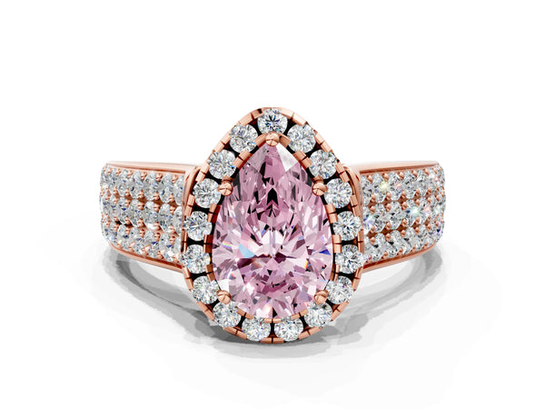 Rose gold Fancy Pink Pear  Halo Round Diamond Pave Band with Prong Setting