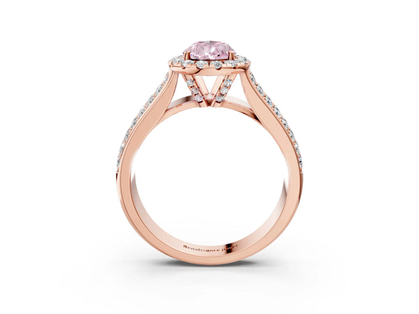 Rose gold Fancy Pink Pear  Halo Round Diamond Pave Band with Prong Setting