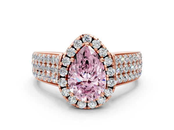 Rose gold Fancy Pink Pear  Halo Round Diamond Pave Band with Prong Setting
