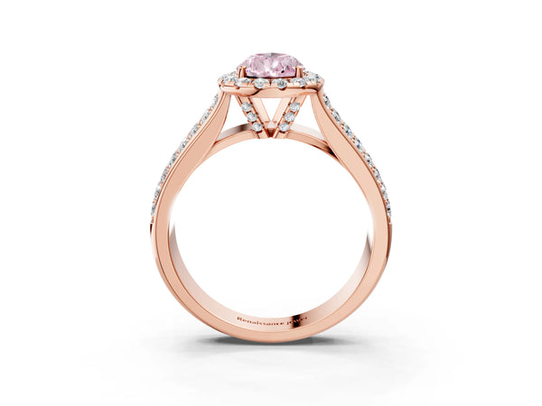 Rose gold Fancy Pink Pear  Halo Round Diamond Pave Band with Prong Setting