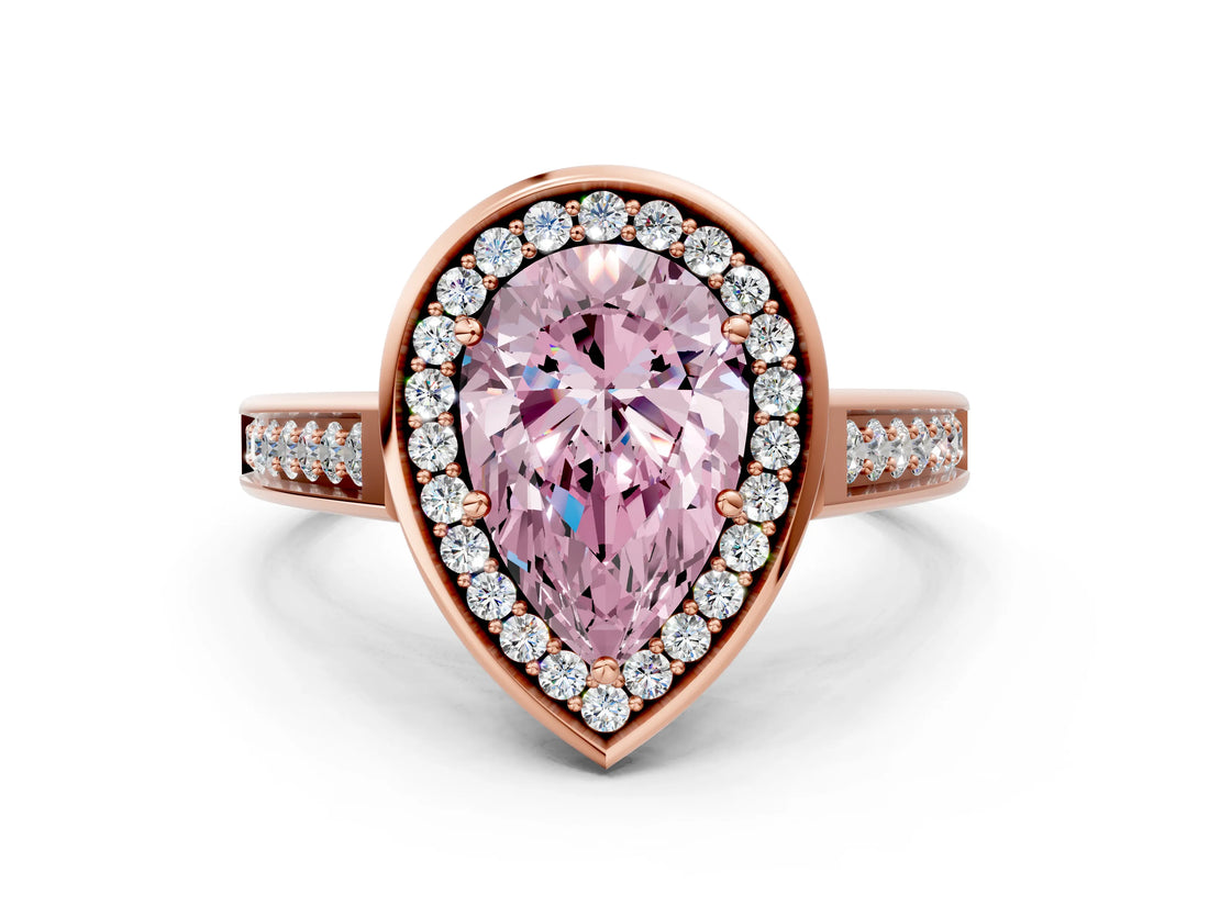 Rose gold Fancy Pink Pear  Halo Solitaire Diamond Ring with Pave Band and Bezel Setting_49