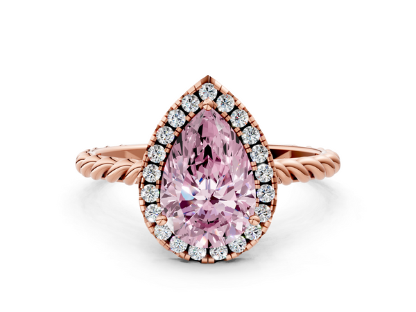 Rose gold Fancy Pink Pear  Halo Twisted Band Four-Prong Diamond Ring