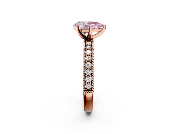 Rose gold Fancy Pink Pear Cut Diamond Milgrain Pavé Engagement Ring with Four-Prong Setting