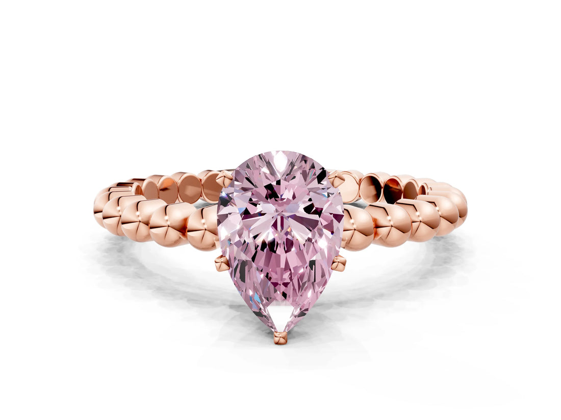 Rose gold Fancy Pink Pear  Solitaire Beaded Band Prong Setting Ring