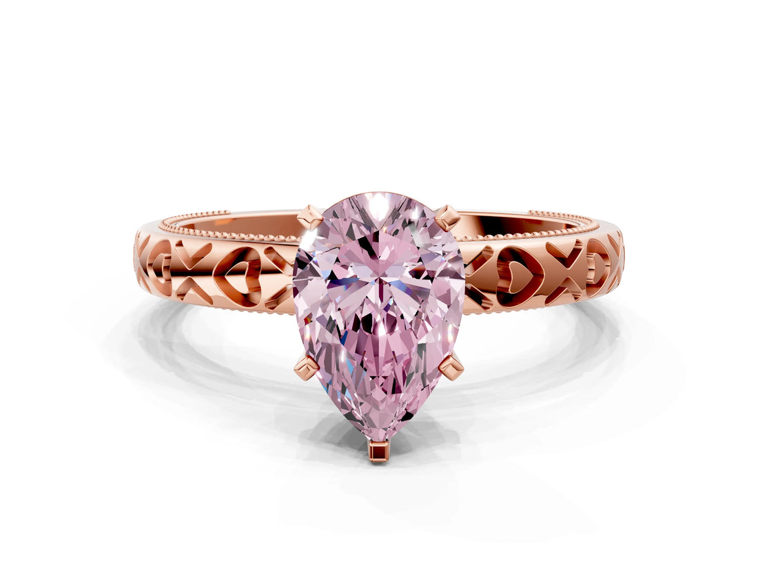 Rose gold Fancy Pink Pear  Solitaire Diamond Engagement Ring with XO Engraved Band and Four-Prong Setting